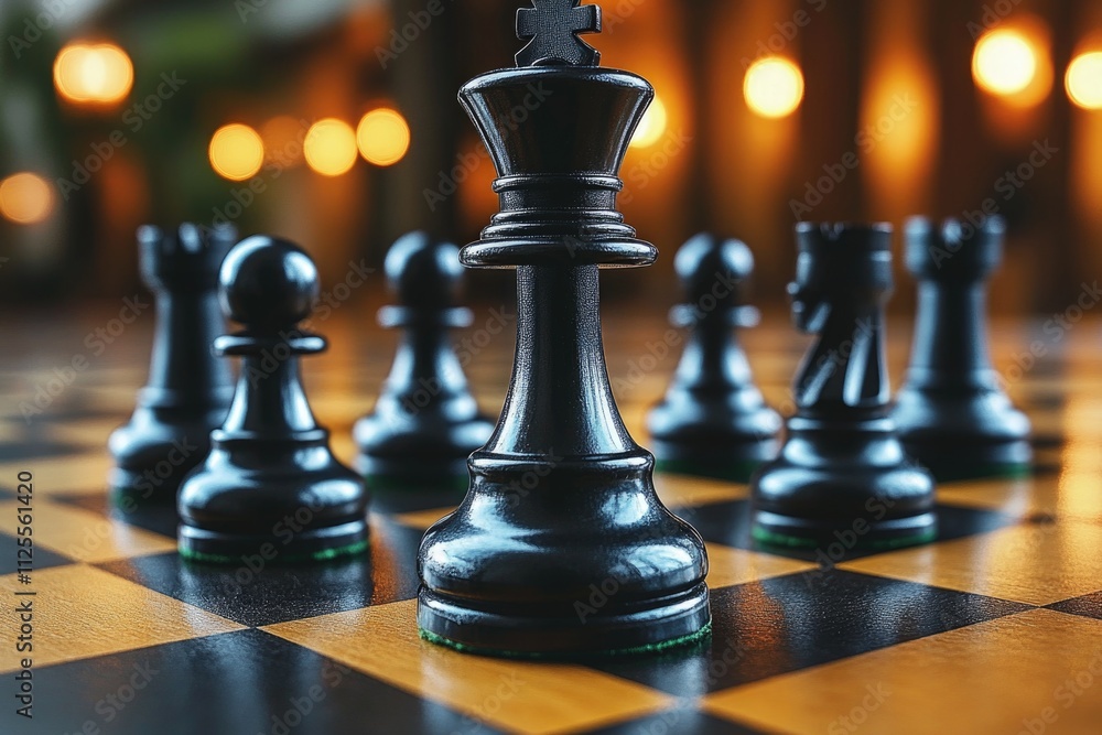Poster close-up shot of a chessboard with multiple pieces arranged strategically
