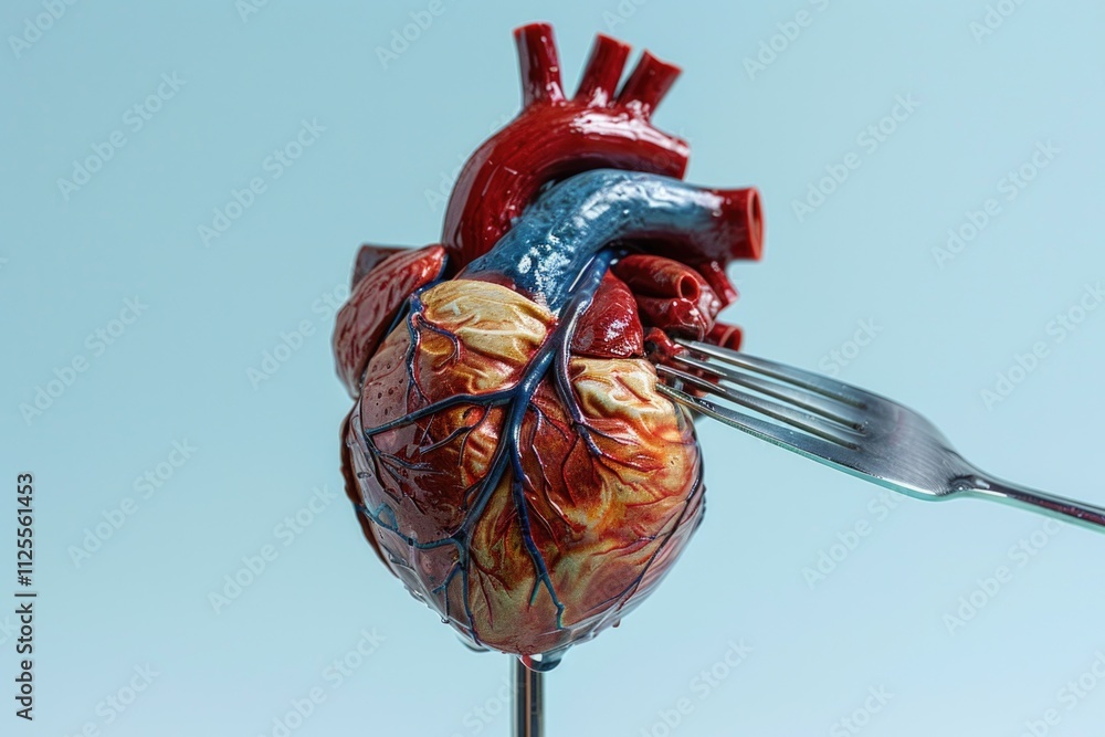 Poster anatomically accurate human heart model placed on a fork, ideal for use in scientific or educational