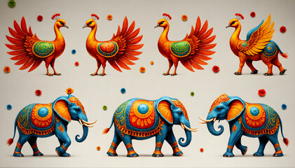 Obraz premium Set of peacock and elephant designs for decorating Indian wedding invitations, design illustration wallpaper 