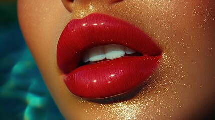 A woman with a red lip is smiling. The image has a bright and cheerful mood. The woman's lips are shiny and red, and she has a bright smile on her face. Concept of confidence and happiness