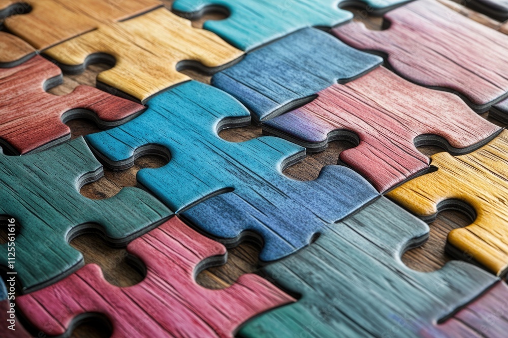 Poster a single colorful puzzle piece lying flat on a wooden table, ready to be used in various creative pr