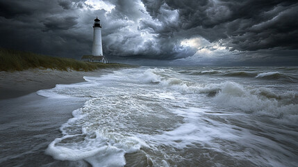 A dramatic lighthouse stands resilient on a rocky coastline, illuminated by stormy lighting. Thunderbolts strike the dark sky, symbolizing strength, hope, and guidance amidst turbulent challenges
