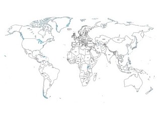World political map with blue and white colors, showcasing borders and country names, cartography, world map, borders