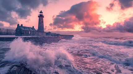 A dramatic lighthouse stands resilient on a rocky coastline, illuminated by stormy lighting. Thunderbolts strike the dark sky, symbolizing strength, hope, and guidance amidst turbulent challenges