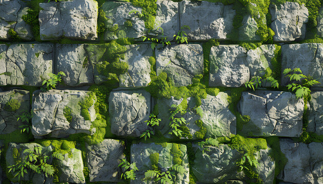 Stone wall overgrown with green moss outdoors, closeup