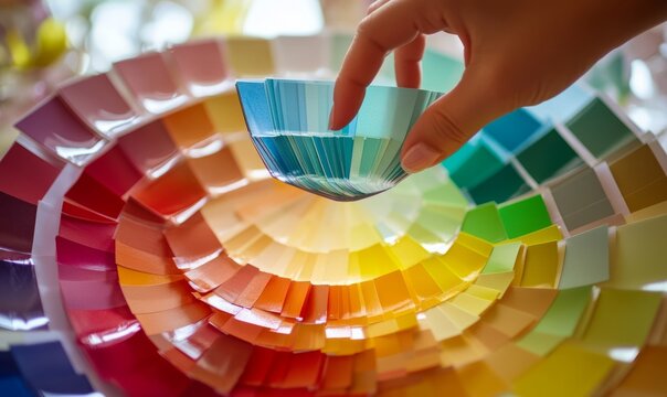 Close-up of hands selecting color swatches for design project, concept of creativity and color theory in art and decoration