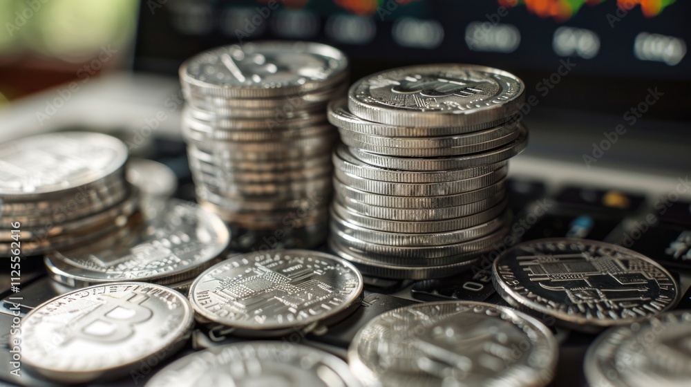 Poster pile of coins on top of a computer keyboard, perfect for financial or office scenes