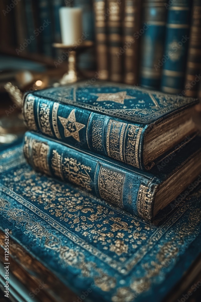 Poster a stack of books resting on a table surface