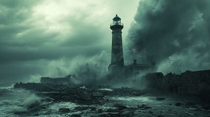 A dramatic lighthouse stands resilient on a rocky coastline, illuminated by stormy lighting. Thunderbolts strike the dark sky, symbolizing strength, hope, and guidance amidst turbulent challenges