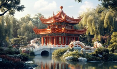 Fototapeta premium ancient Chinese pagoda with red tiled roofs and ornate dragon statues surrounded by a tranquil garden