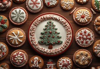 Fototapeta premium Festive Collection of Elaborately Decorated Christmas Cookies on a Wooden Table Featuring a Christmas Tree Centerpiece Surrounded by Variety of Holiday Treats