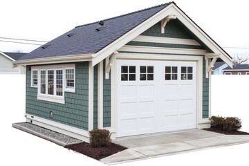 A photo of a garage with a white door and windows