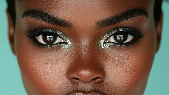 A woman with dark hair and brown eyes is wearing eye makeup. The makeup is green and is applied to her eyes and nose