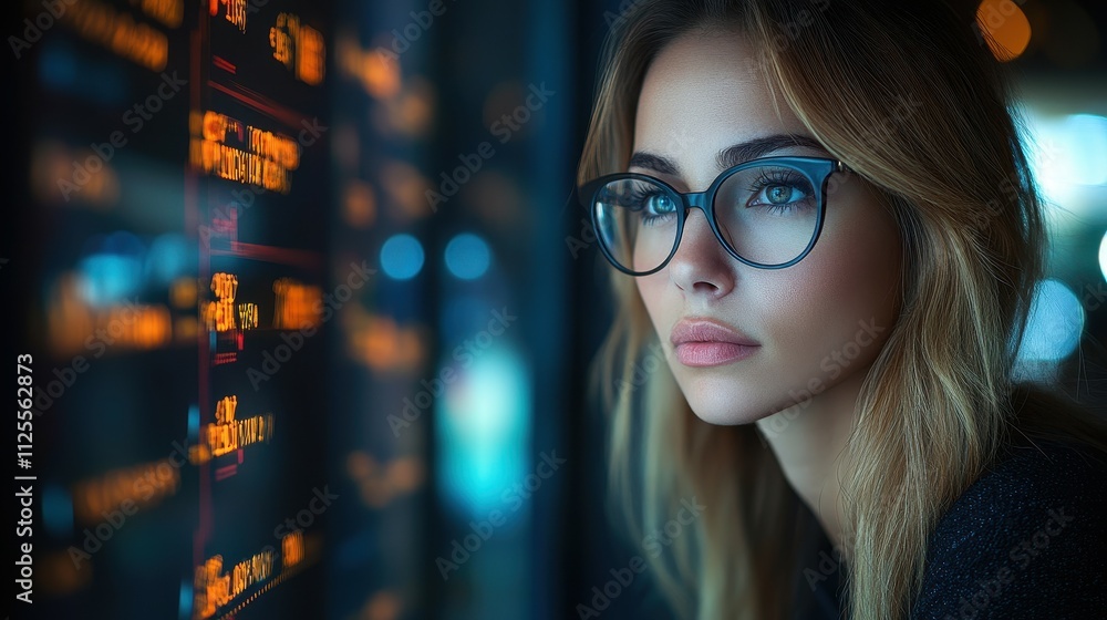 Poster a woman with glasses is staring at a computer screen with a lot of numbers and letters on it