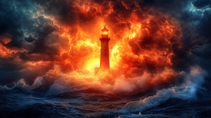 A dramatic lighthouse stands resilient on a rocky coastline, illuminated by stormy lighting. Thunderbolts strike the dark sky, symbolizing strength, hope, and guidance amidst turbulent challenges