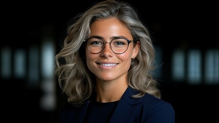 Obraz premium A woman with glasses is smiling and looking at the camera. She is wearing a blue suit and a black sweater