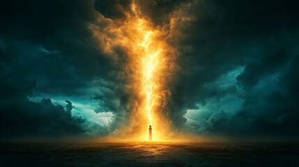 A dramatic lighthouse stands resilient on a rocky coastline, illuminated by stormy lighting. Thunderbolts strike the dark sky, symbolizing strength, hope, and guidance amidst turbulent challenges