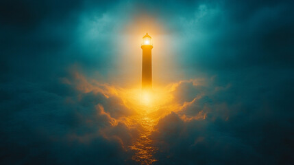 A dramatic lighthouse stands resilient on a rocky coastline, illuminated by stormy lighting. Thunderbolts strike the dark sky, symbolizing strength, hope, and guidance amidst turbulent challenges