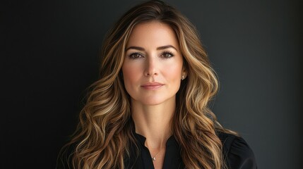 Fototapeta premium A woman with long brown hair is standing in front of a black background. She is wearing a black shirt and a necklace