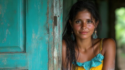 Fototapeta premium A woman with long hair is standing in front of a blue door. She is wearing a yellow dress and has her hair wet