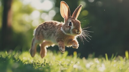 Fototapeta premium Adorable brown bunny rabbit leaping through vibrant green grass in sunlight.
