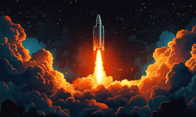 A rocket launches into the vibrant sunset sky, surrounded by billowing clouds and a backdrop of distant stars and glowing lights.