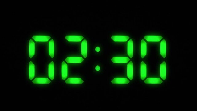 Digital clock with 12 hours, you can choose any hour or minute. Black background. 1 frame per minute. Loopable. Green. More options in my portfolio.