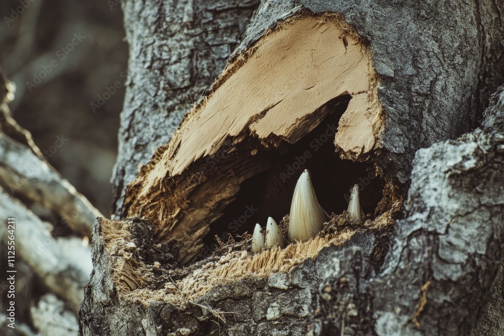 Poster A close-up view of a tree with a bird nesting inside