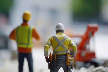 Fototapeta premium Two construction worker figurines standing together, possibly for decoration or display