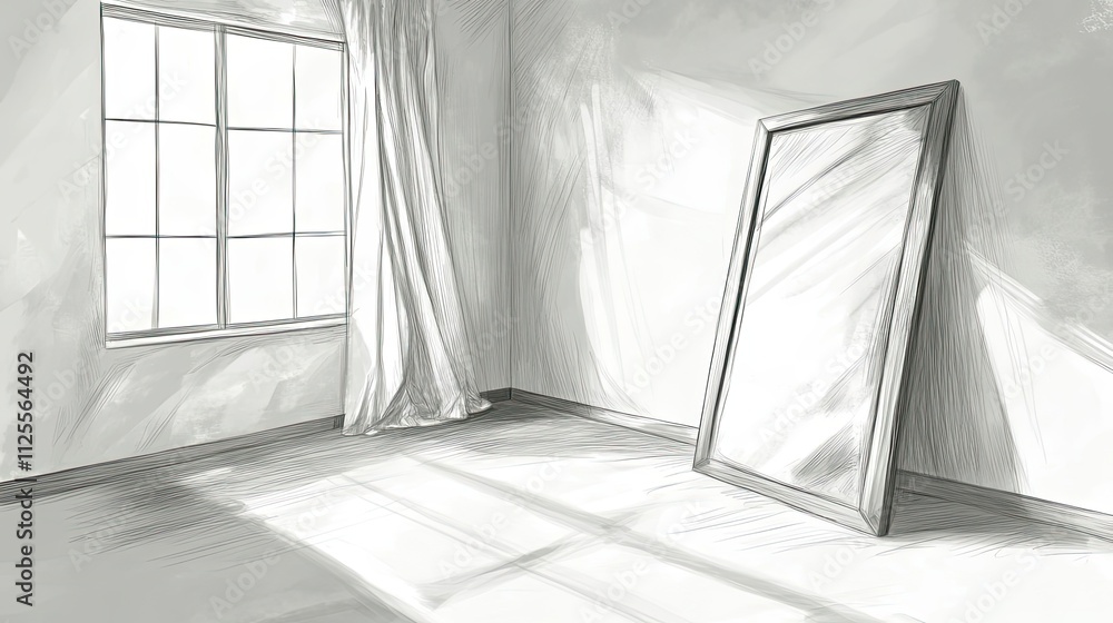 Poster sunlight streams into room with window and mirror