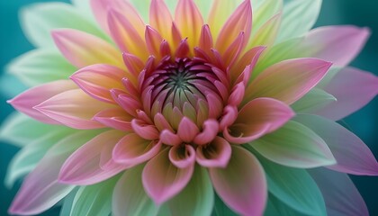 Fototapeta premium Un primer plano de una vibrante flor de dalia rosa y verde con pétalos suaves y difusos sobre un fondo borroso y verde azulado