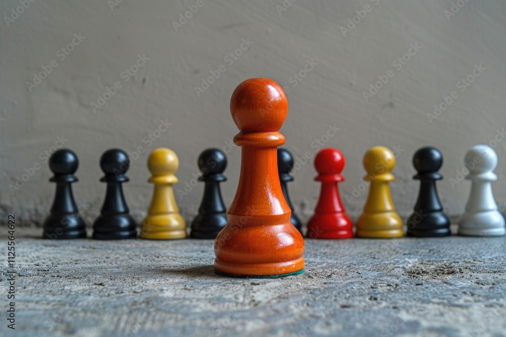 Poster a detailed view of a chess piece surrounded by others, ideal for illustrating strategy or games