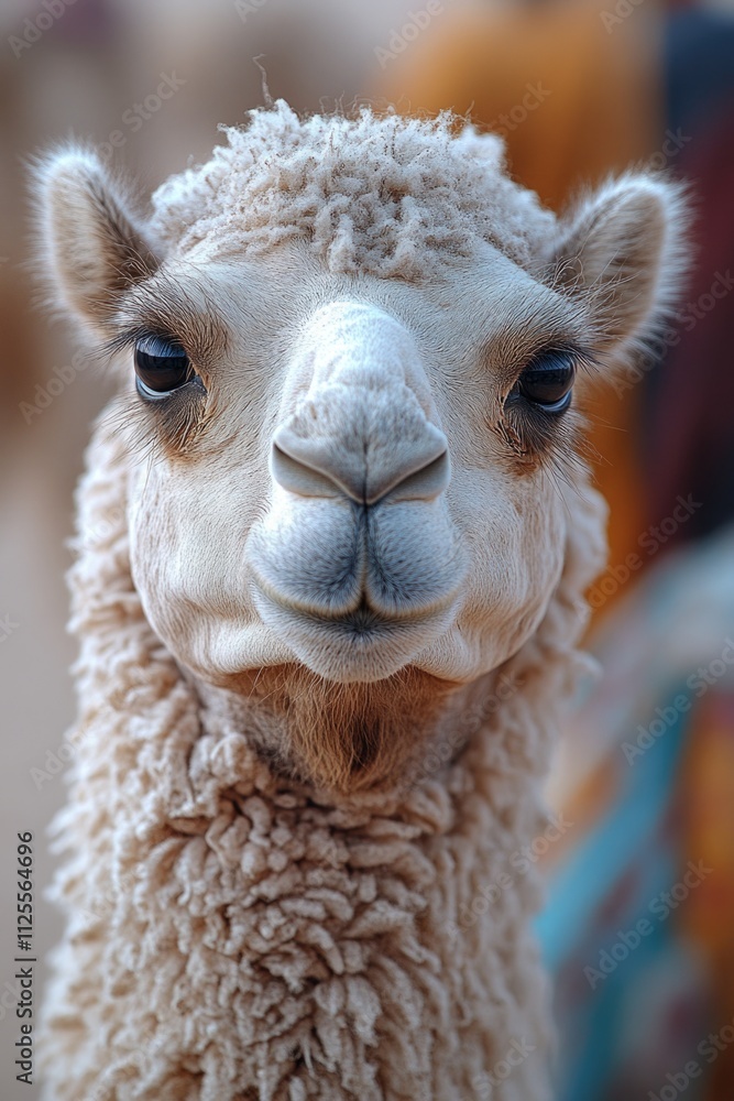 Poster close-up of a llama's face with a blurry background