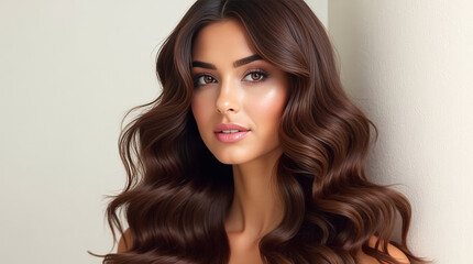 Fototapeta premium The packaging features a confident woman with glossy dark hair in a stylish, beautiful setting