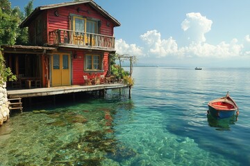 Obraz premium A cozy red house sits atop the calm surface of a lake or ocean, surrounded by serene natural beauty