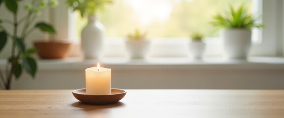 Lit candle with serene ambiance creating cozy atmosphere against bright window with plants