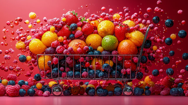 Vibrant explosion of fresh fruits in mini shopping cart against red background