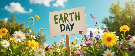 Earth Day Sign Surrounded by Colorful Wildflowers Against Blue Sky
