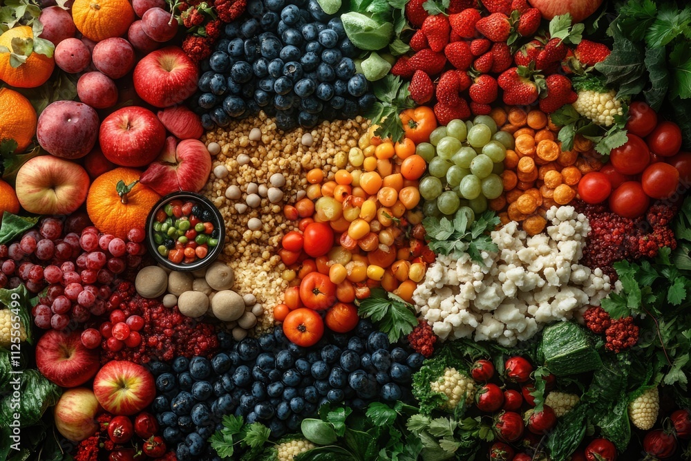 Poster A colorful selection of fruits and vegetables arranged in a circular pattern