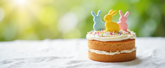 Colorful Easter Bunny Cake Toppers on Layered Sponge Cake against Blurred Green Background