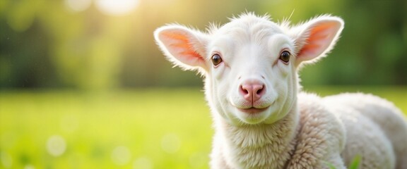 Fototapeta premium Adorable white lamb with curious expression in sunny green field