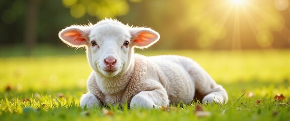 Obraz premium Adorable lamb resting peacefully on green grass against sunny background