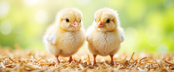 Adorable Baby Chicks with Curious Expressions Standing on Straw Against Blurred Green Background