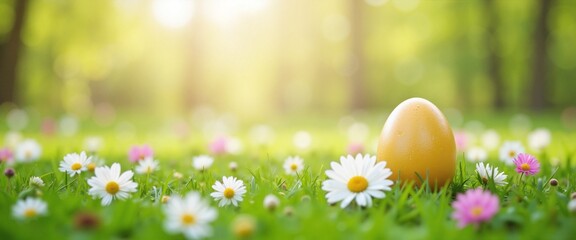 Golden Easter egg cheerfully nestled among spring daisies in sunlit meadow