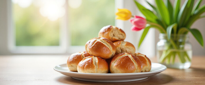 Fresh Hot Cross Buns Appetizingly Displayed with Tulips Against Bright Window Background - Powered by Adobe