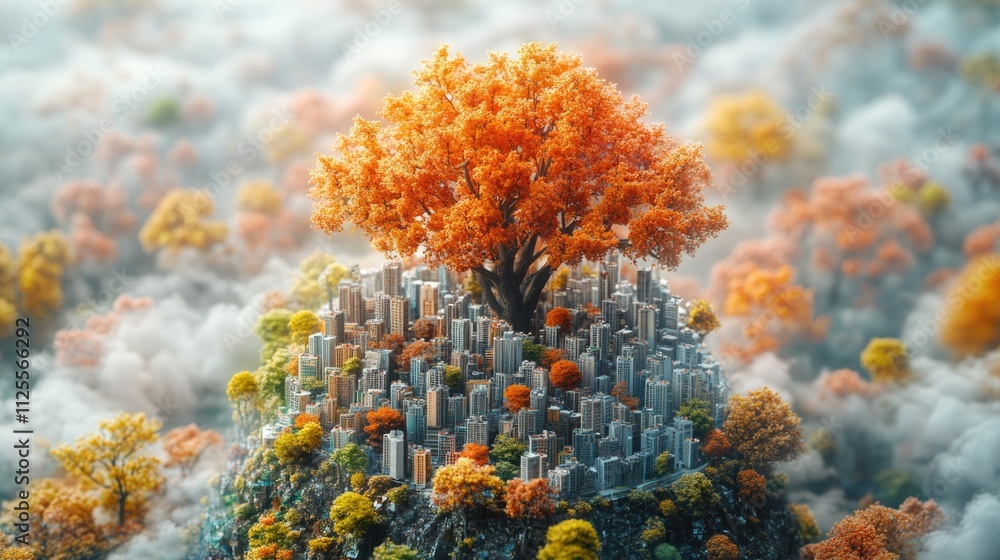 Poster a single tree stands tall in the midst of a bustling city, surrounded by fluffy white clouds