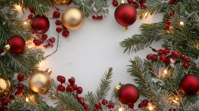 A festive Christmas wreath adorned with red and gold ornaments, perfect for decorating doors or walls