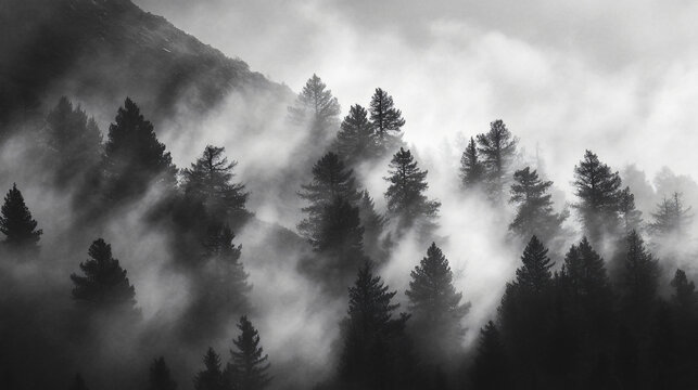 Spooky shadows flitting between the trees on foggy mountain slopes.