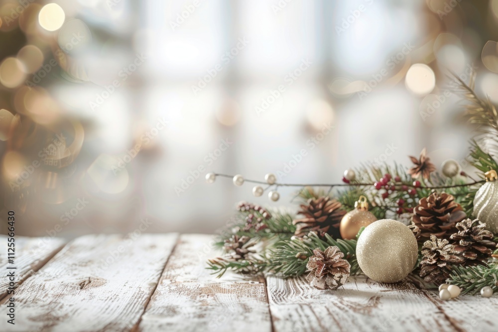 Poster a wooden table decorated with natural elements and ornaments for a rustic or winter-themed setting