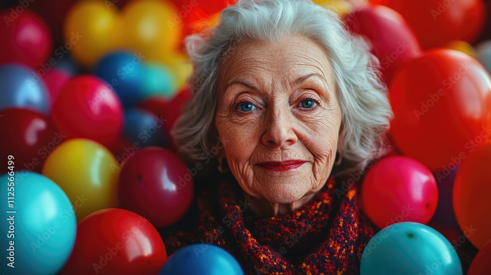 Poster A person enjoying time in a colorful ball pit filled with balloons